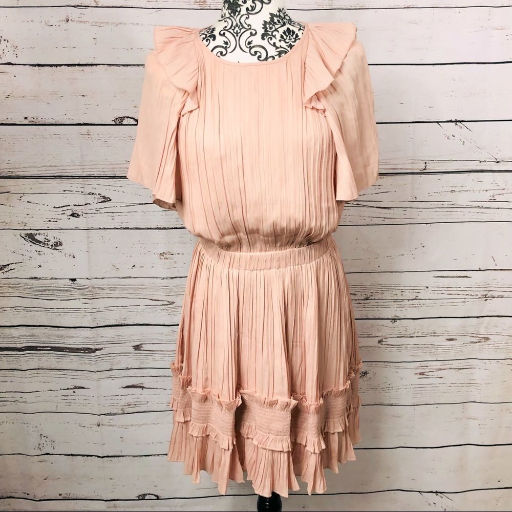 Halston Heritage Short Flutter Sleeve Dress Smocked Ruffle Pleated Bloom Pink